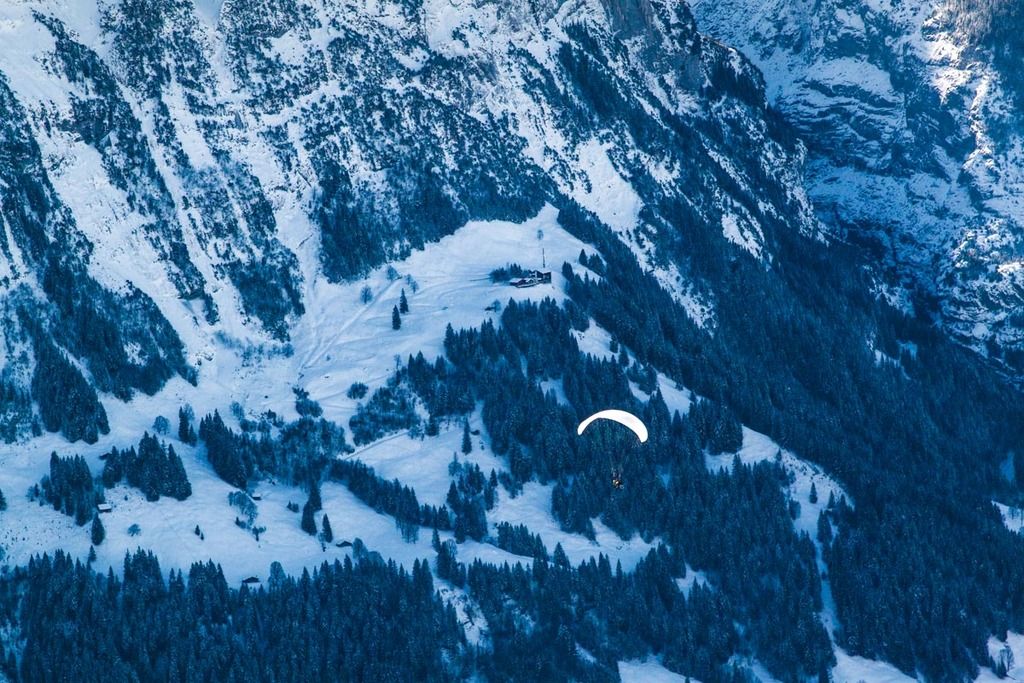 Paragliding over Grindelwald in winter Paragliding over Grindelwald in winter